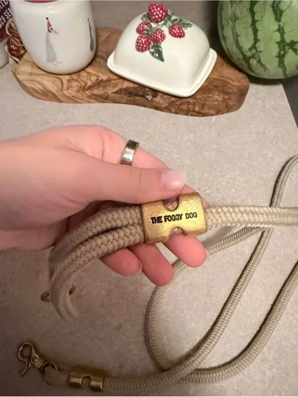 Flax Marine Rope Dog Leash - Beige with Gold Hardware